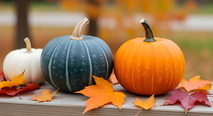 Autumn Harmony: Trio of Pumpkins Amid Maple Leaves
