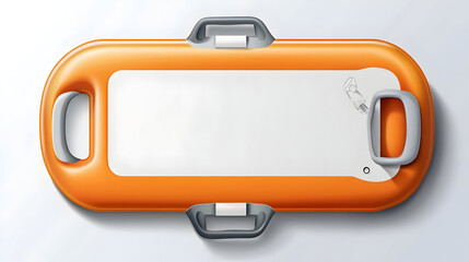 Orange and white emergency stretcher, top view, featuring handles and a blank center panel