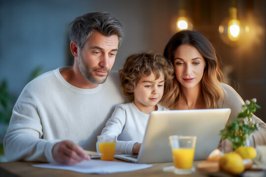 Family calculates monthly bills at dining table with laptop in warm evening light. Cozy home atmosphere enhances focus on financial planning. Concept of finance, family bonding, home management