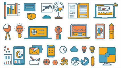 Doodle Style Business Icon Set Featuring Charts and Graphs Representing Data Analysis, Strategy and Progress for Presentations and Visual Communication