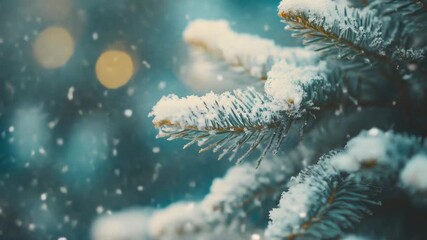 A close-up view of a pine tree branch covered in fresh snow - Powered by Adobe