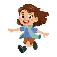 A cartoon girl with brown hair wearing a blue shirt and vest running with a happy expression on her face
