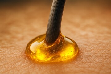 Close-up of hair follicle receiving nourishing oil treatment. Golden serum strengthens the hair follicle from the root. A macro view demonstrating a healthy follicle for hair growth.