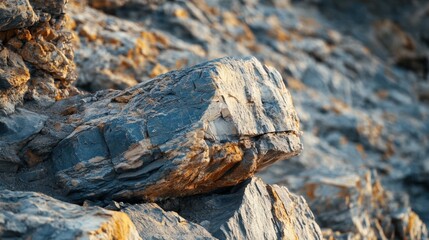 A rugged landscape featuring large, jagged rocks. The environment appears harsh with a focus on the textures of the rock formation.
