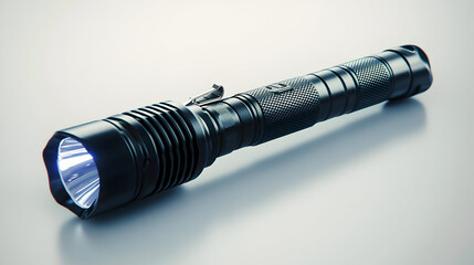 A black tactical flashlight with a ribbed body and a powerful LED light source