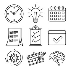 Collection of Icons Representing Time Planning and Ideas.