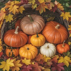 Vibrant Autumn Pumpkins and Leaves on a Wooden Surface