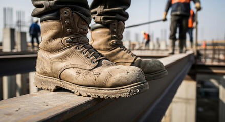 Gritty Construction Boots on Steel Beam: A Close-Up of Hard Work.