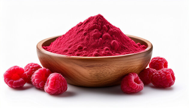 fresh raspberries and vibrant red raspberry powder in a rustic wooden bowl isolated on a bright white background