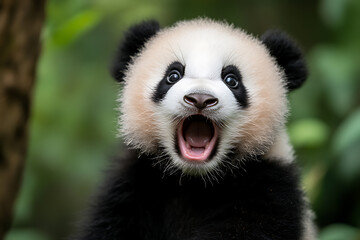Obraz premium Surprised Panda Cub: A captivating close-up of an adorable panda cub with an open mouth and wide eyes, set against a lush green background.