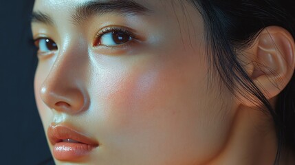 A close-up portrait of a young woman with a radiant complexion, showcasing her skin and makeup.
