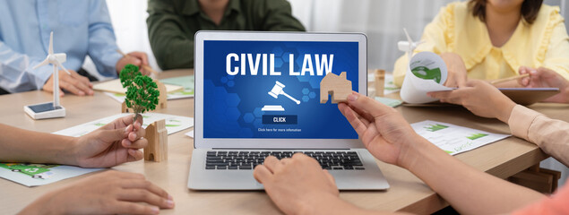 Civil law brisk information showing on computer screen for Common Justice Legal Regulation Rights...