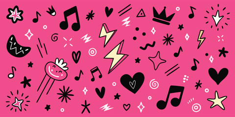 pink background featuring various musical notes scattered throughout the image..eps