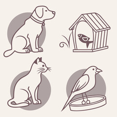 Cute Dog Cat Bird and Birdhouse Icons.