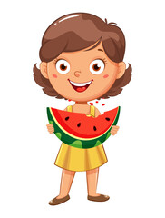 Cute little girl cartoon character eating watermelon
