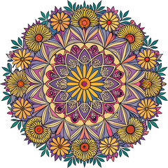 Colorful floral mandala with yellow and purple petals and green leaves flower circular