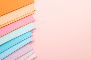 Fototapeta premium Colorful Paper Arrangement: A stack of pastel-colored papers, neatly arranged on a pink surface, showcases a gradient from orange to purple hues.