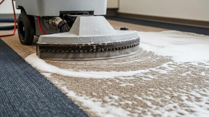 Carpet cleaning process: machine scrubbing and foam cleaning in action