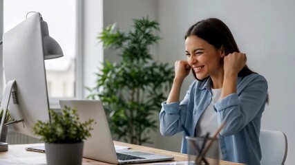 A frustrated business woman clenches her fists in anger while looking at a computer screen, representing work stress, technology problems or receiving bad news