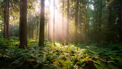 a serene forest scene illuminated by soft light filtering through leaves