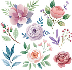 Watercolor floral elements with pink purple and blue flowers and green leaves watercolor flowers floral arrangement