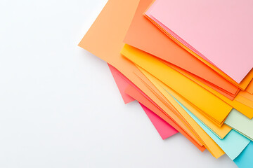 Stack of colorful pastel paper sheets in warm tone. Creative minimal mockup on white background. Bright abstract trendy backdrop.