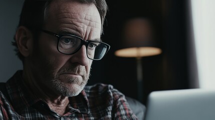 The man is wearing glasses and appears to be deeply engrossed in whatever he's working on.