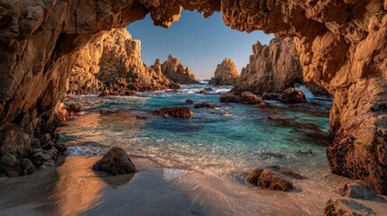 Fototapeta premium Coastal cave opening to tranquil turquoise water