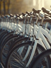 Sunny day at a bike rental station with many bicycles parked, representing sustainable urban transportation options.