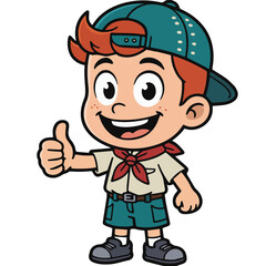 Cartoon boy scout with red hair smiling and giving a thumbs up wearing a green hat and uniform outfit