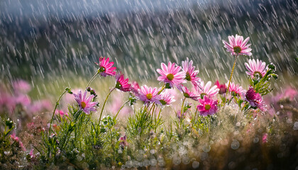 wildflowers in bloom during a rainstorm with pink flowers and water droplets capturing the scene of nature and weather