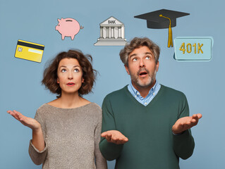 Middle-age Caucasian couple with worried and surprised expression, symbols of debt above their heads