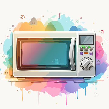 Modern white microwave oven with digital display and control knob, artistic watercolor style illustration.