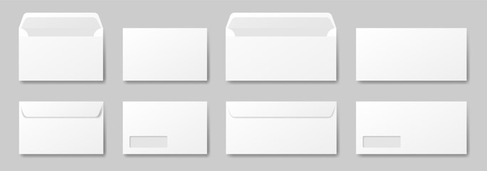 White envelope mockup. Front and back side. Open and closed envelopes. Business correspondence. Address window. Small and large sizes

