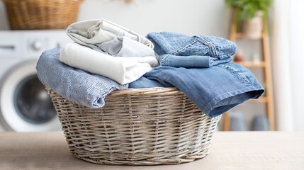 Laundry basket filled with neatly folded clothes, including denim and cotton items, placed on a wooden table in a bright, modern laundry room with washing machine in background