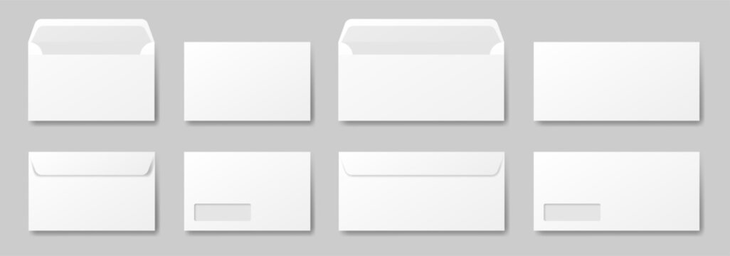 White envelope mockup. Front and back side. Open and closed envelopes. Business correspondence. Address window. Small and large sizes
