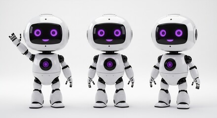 Three Cute White Robots with Purple Eyes, Posing in Different Actions: A 3D Rendering for Technology, AI, and Robotics Concepts
