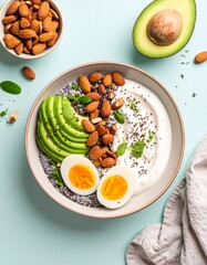 Modern Flat Lay of High-Protein Breakfast — Greek Yogurt Bowl, Chia Pudding, Boiled Eggs and Clean Arrangement in Bright Setting