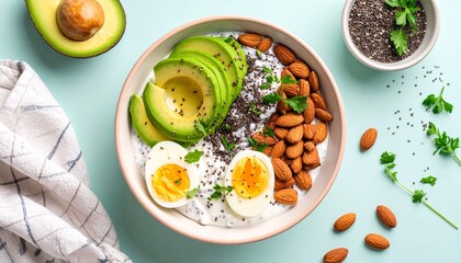 Modern Flat Lay of High-Protein Breakfast — Greek Yogurt Bowl, Chia Pudding, Boiled Eggs and Clean Arrangement in Bright Setting