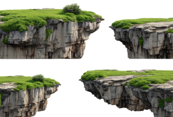 Floating island cliff with lush greenery and rocky surface isolated on a black background view