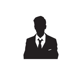 Black silhouette of a man in a suit with a tie on white background