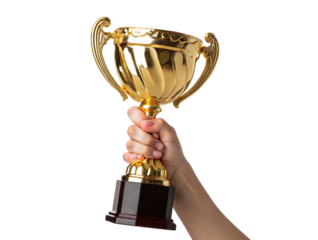 Golden trophy held high as symbol of victory achievement and excellence in winning competitions