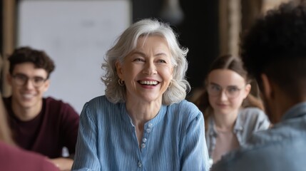Happy mature old female mentor coach supervisor training young interns at group office meeting professional workshop. Cheerful middle aged teacher professor laughing with students at university class
