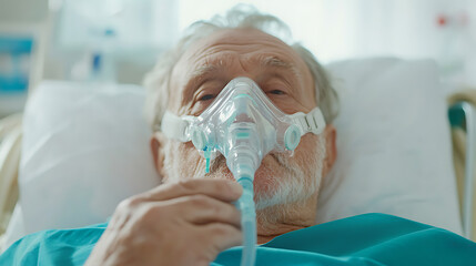 Elderly patient in hospital bed wearing breathing mask for respiratory support. Healthcare and medical assistance concept.