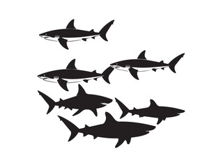Collection of shark silhouettes vector isolated on white background.