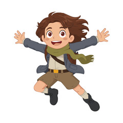 Cartoon boy with brown hair and green scarf jumping with arms outstretched in a joyful expression