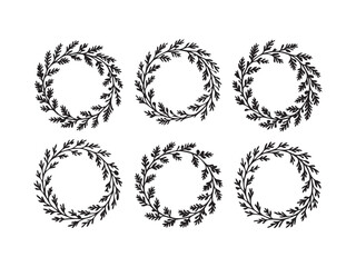  Collection of six decorative circular floral wreaths silhouette vector isolated on white background.