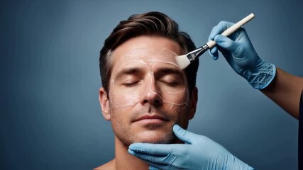 A relaxed handsome man receiving a facial mask treatment from a cosmetologist in a spa, a concept for men's skincare, beauty procedures and the professional dermatology industry