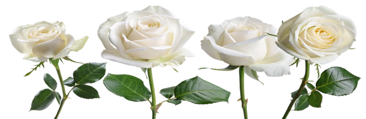 Elegant white roses in full bloom with lush green leaves on a black background high resolution photo