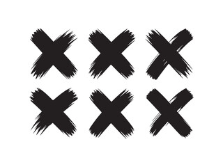 Six black brush stroke x marks silhouette vector isolated on white background